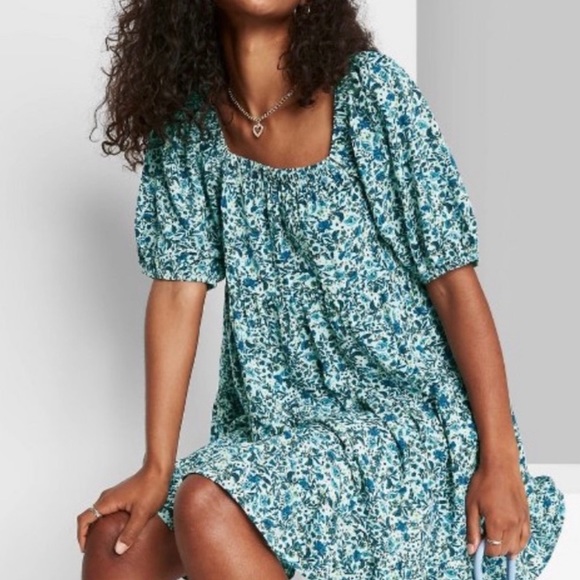 Wild Fable Blue Floral babydoll mini dress M NWT - Picture 5 of 16